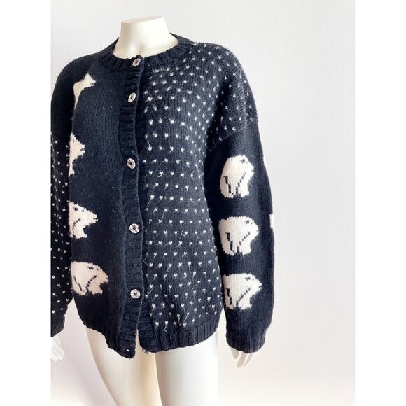 Nomadic Traders Black White Bear Wool Button Down Sweater Made in Peru Medium - Picture 2 of 9
